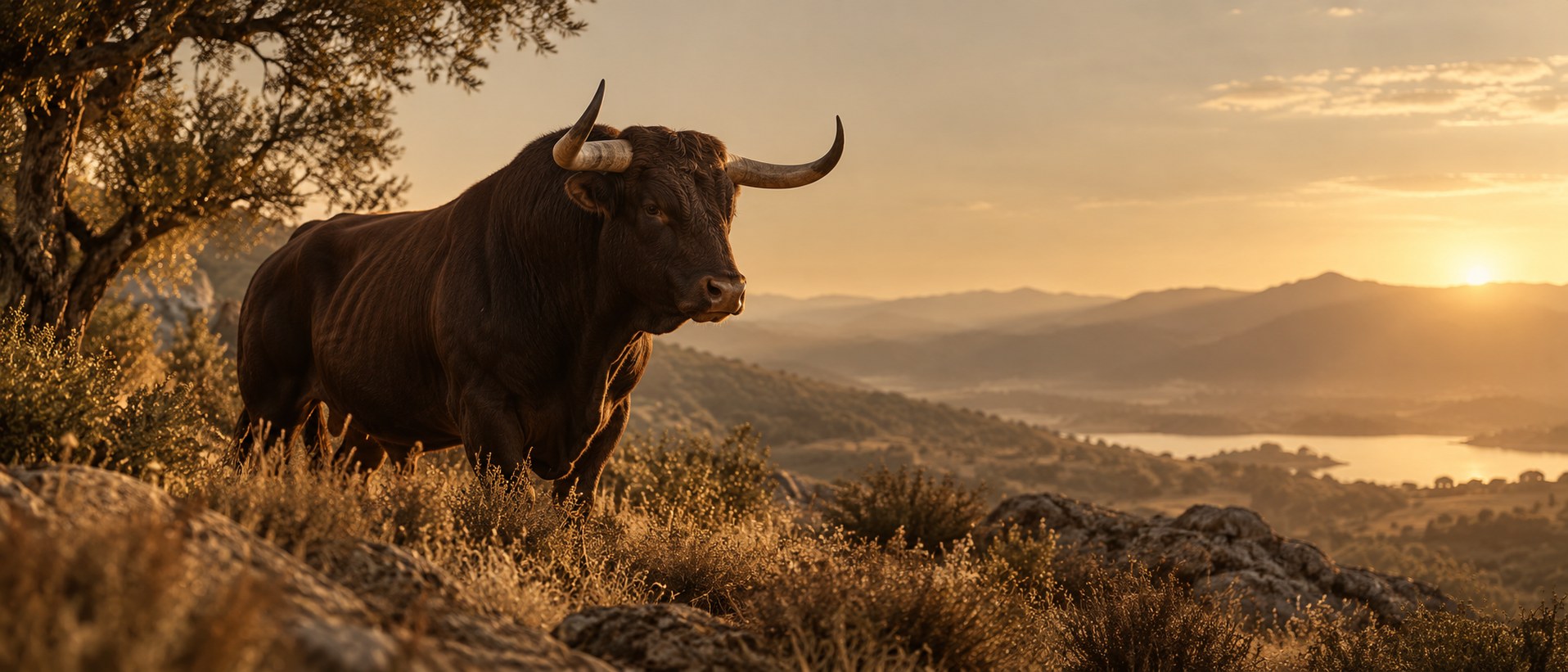 A dark Spanish bull at sunset in its natural landscape