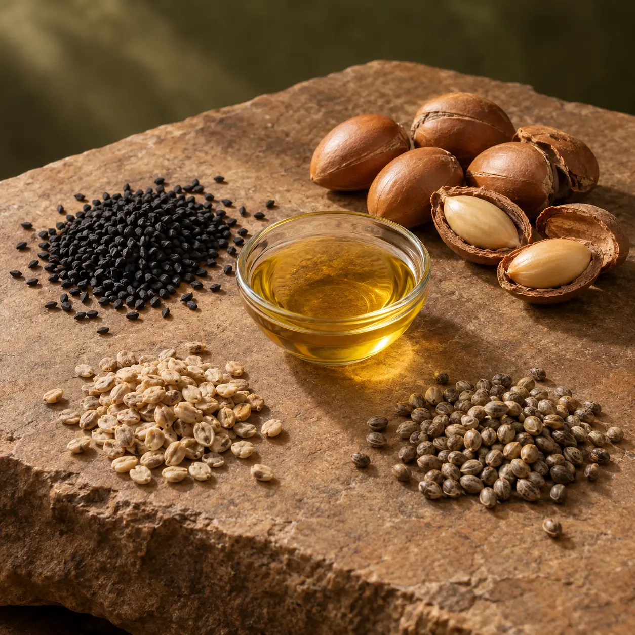 Seeds, kernels and botanical oils on warm brown stone
